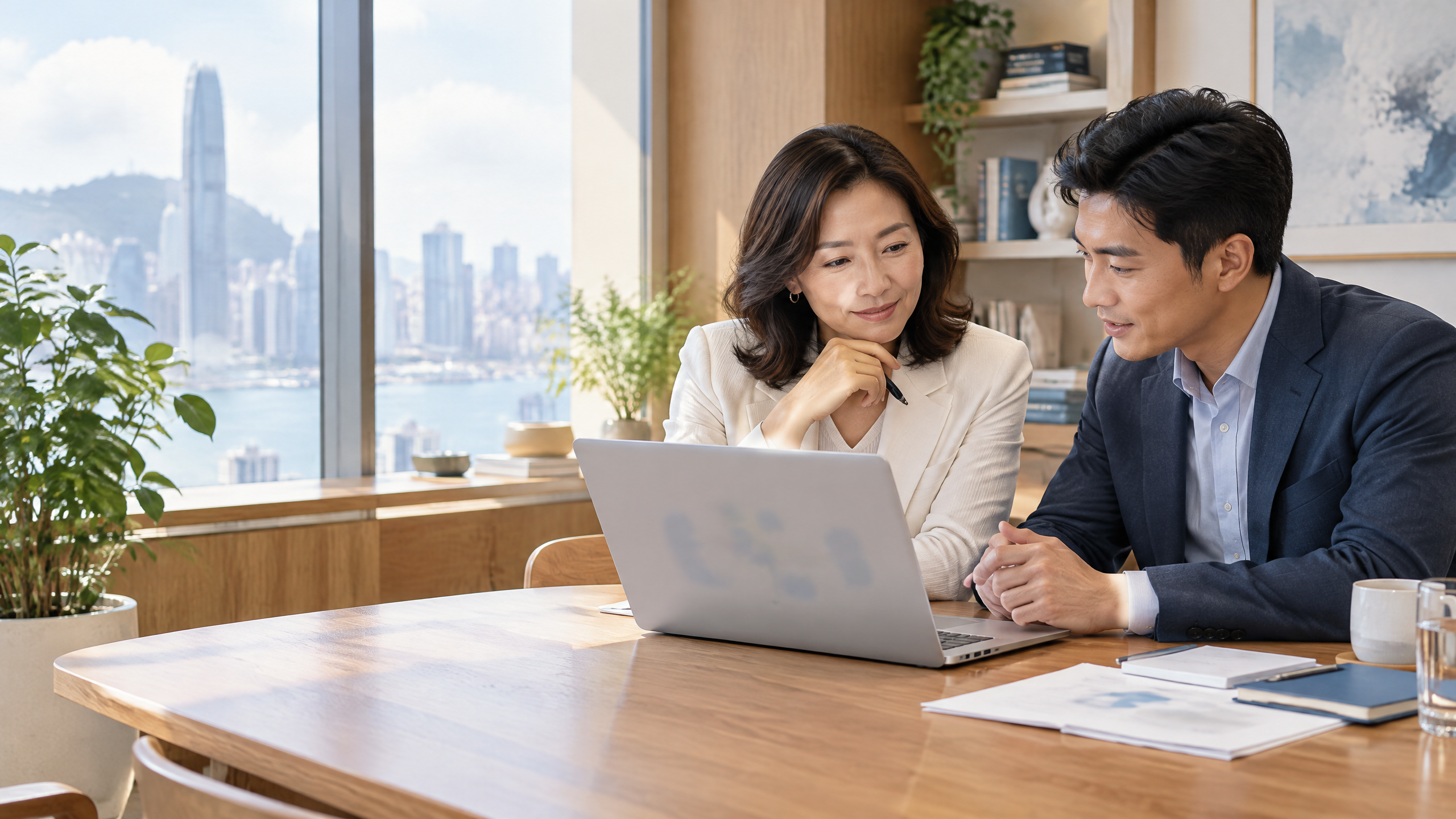 Hong Kong enterprise leaders reviewing a private AI knowledge workflow in a sunlit office